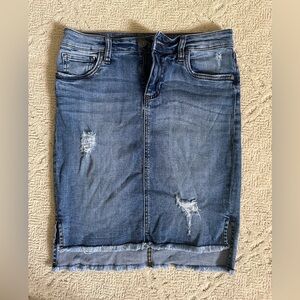 Jean skirt with slight high low frayed hem; slight distressing on front